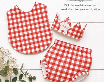 Red White Gingham First Birthday Outfit, Cake Smash Bib Diaper Cover Crown Set, Personalized Fabric Crown, Baby Girl or Boy