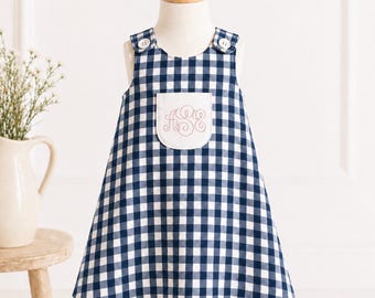 Personalized Navy Gingham Toddler Dress, Monogram Baby Girl Jumper with Bow Headband, Organic Cotton Outfit, Birthday Dress, Photo Outfit