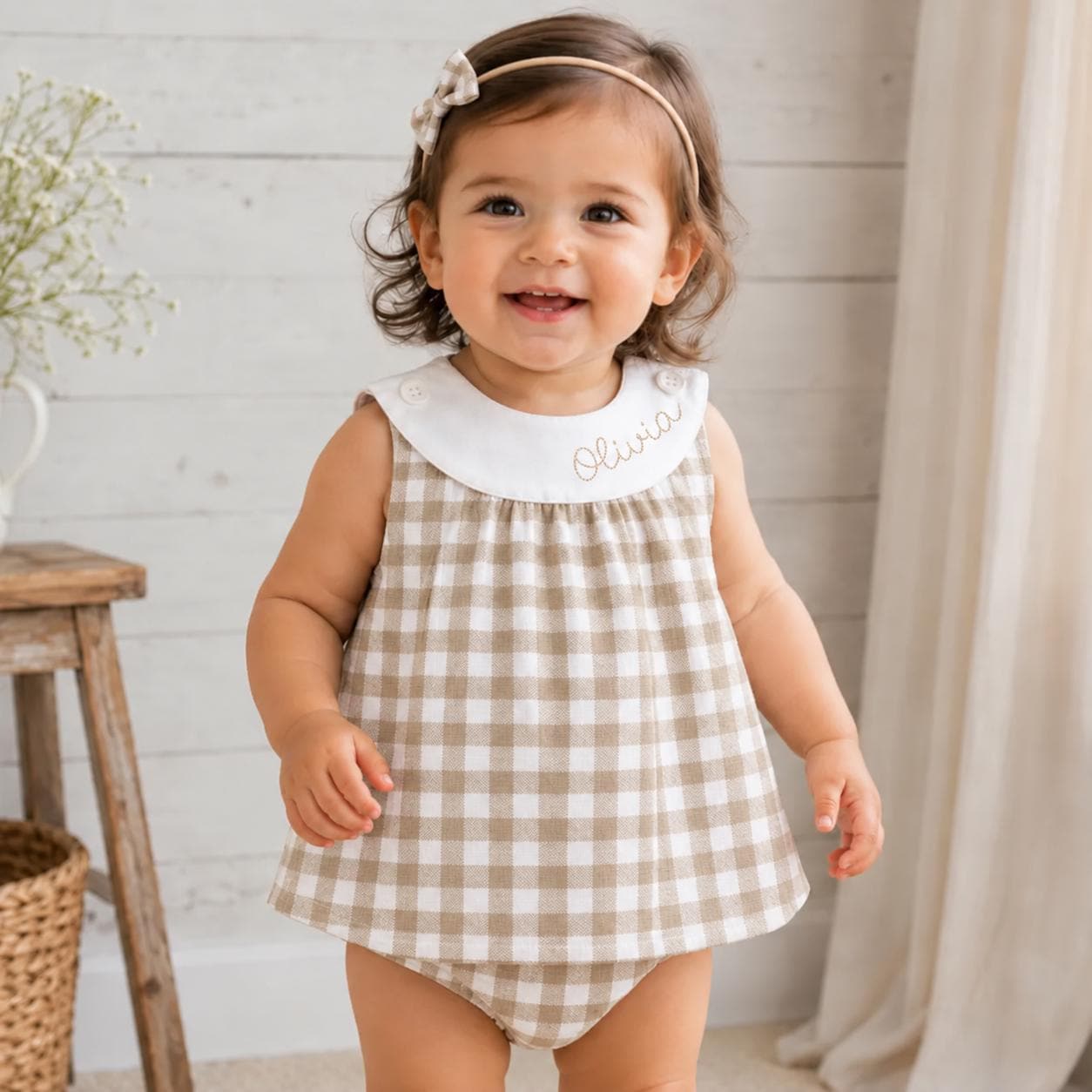 Personalized Baby Girl Gingham Outfit, Organic Cotton Tan Gingham Top and Diaper Cover Set, Embroidered Name Toddler Outfit, Bow Headband