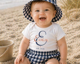 Personalized Baby Summer Outfit, Monogram Bodysuit, Organic Cotton Gingham Diaper Cover Hat Set, Custom Name Toddler Gift, Baby Shower Gift