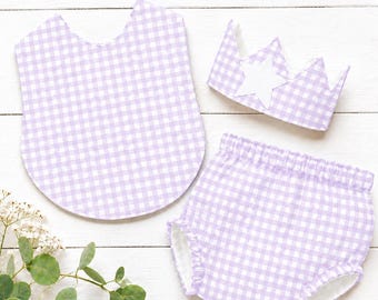 Lavender Gingham First Birthday Outfit, Baby Girl Cake Smash Set, Pinafore Bib, Diaper Cover, Personalized Birthday Crown