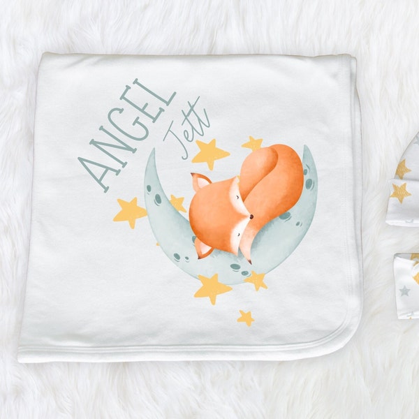 Fox Personalized Name Nursery Decor, Receiving blanket and hat set, Custom Baby Shower Gift,Girl or boy Coming Home Outfit, one piece,157