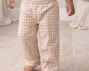 Beige Gingham Toddler Pants, Neutral Baby Pants, Unisex Checkered Kids Bottoms, Soft Cotton Elastic Waist Outfit, Summer Birthday Gift