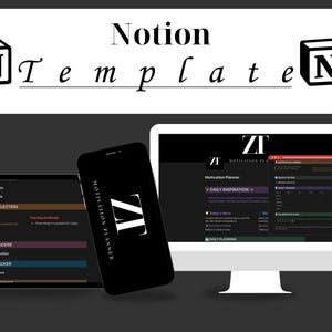 May include: A digital Notion template displayed on a tablet, smartphone, and computer monitor. The template includes sections for daily planning, self-care tracking, and progress tracking. The smartphone displays the text "Motivation Planner" and the letters "ZT". The word "Notion" is at the top.