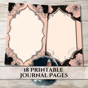 Può includere: Due pagine di diario stampabili con sfondo rosa chiaro e design floreale nero. Le pagine hanno una cornice decorativa e il testo "18 pagine di diario stampabili" in basso.
