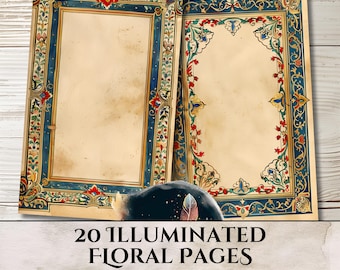 Printable Journal Kit Frames - 20 Half Page Images for Scrapbooking, Junk Journals, and Paper Crafts - Illuminated blue and red florals