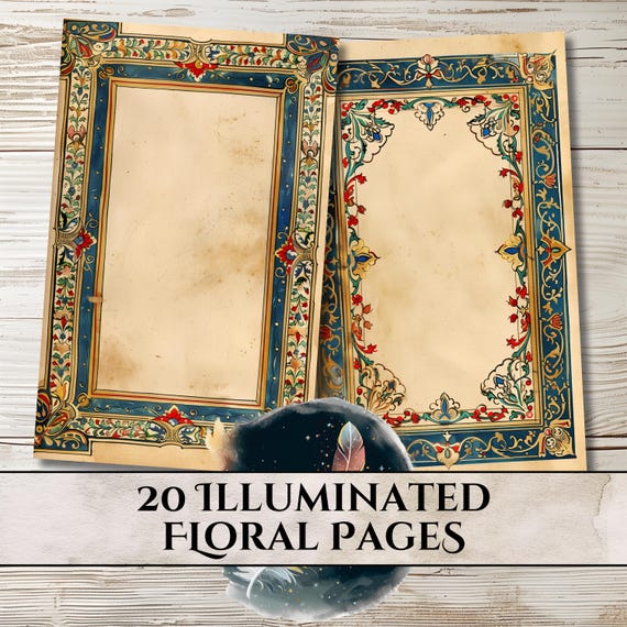 Printable Journal Kit Frames - 20 Half Page Images for Scrapbooking, Junk Journals, and Paper Crafts - Illuminated blue and red florals