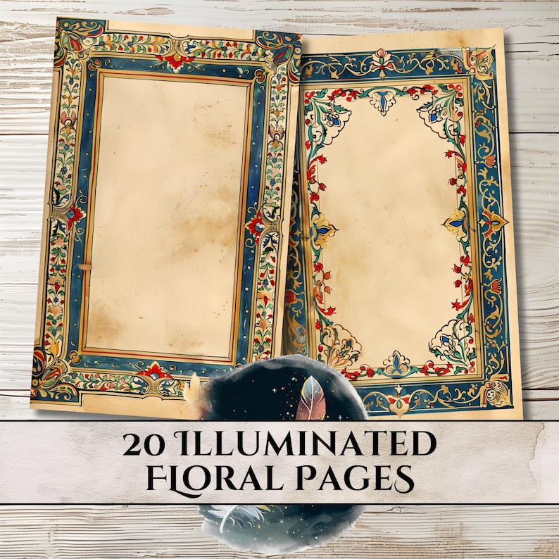 Mock up of printable journal pages, medieval illuminated and art nouveau borders in blue, red, and gold, florals,  vines, greenery.

Two pages from a set of twenty are shown here.

The images in this set are 5.5" x 8.5" half-page size, 300 DPI that are available in JPG or PDF format.