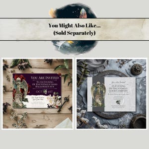 Mockups of two different invitations, sold separately.  Both are gothic themed invites with marble angel tomb markers.  The first has a deep purple background, red poppies, and lilies.  The second is grey and green themed with a subtle snake rococo themed background.  Both are horizontal layout with a skull with ivy embellishing the date and party details in the cetner.