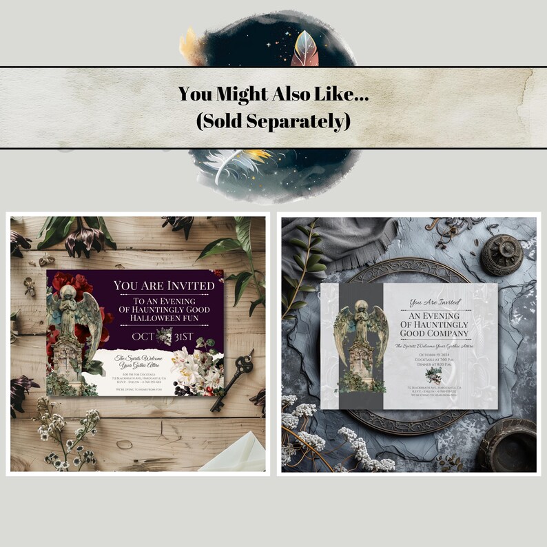 Mockups of two different invitations, sold separately.  Both are gothic themed invites with marble angel tomb markers.  The first has a deep purple background, red poppies, and lilies.  The second is grey and green themed with a subtle snake rococo themed background.  Both are horizontal layout with a skull with ivy embellishing the date and party details in the cetner.