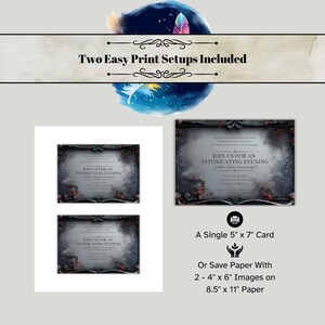 Mock up of an editable gothic dinner party invitation. 

Invitation features a black rococo frame with vivid red poisonous plants growing through it and a background of shadowy leaves.

Displayed with print instructions for printing a single 5x7 card or 2 - 4"x6" cards per page for saving paper.