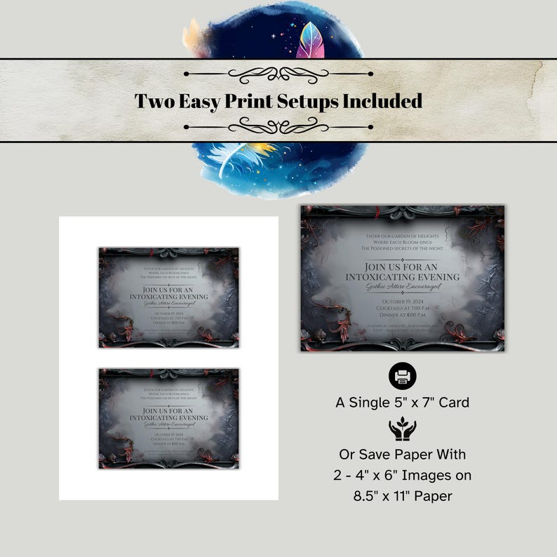 Mock up of an editable gothic dinner party invitation. 

Invitation features a black rococo frame with vivid red poisonous plants growing through it and a background of shadowy leaves.

Displayed with print instructions for printing a single 5x7 card or 2 - 4"x6" cards per page for saving paper.