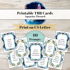 Tarjetas TBR para imprimir: desafío de lectura: 40 temas temáticos de Acuario para amantes de los libros: frasco para leer: blanco celestial, aguamarina y dorado