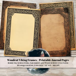 Puede incluir: Dos páginas de diario imprimibles con marcos vikingos de madera tallada. Los marcos son negros y presentan intrincados diseños de volutas. Las páginas son beige y tienen una textura de pergamino. El texto en la imagen dice "Woodcut Viking Frames - Printable Journal Pages, Borre Era Scrollwork, Parchment and Wood Burned Style Paper, 18 Unique Designs, 2 Per Page - 5.5" x 8" - 300 DPI".