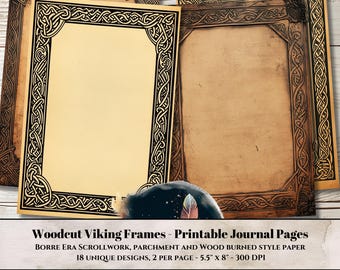 Printable Journal Kit - 18 Half Page Images for Scrapbooking & Junk Journals - Woodcut Viking Borders, Neutral Woodcut Borre Style Frames