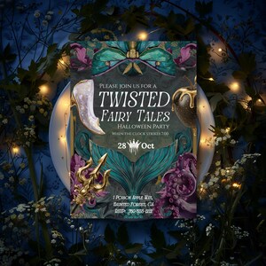 May include: A Halloween party invitation with the text "Twisted Fairy Tales." The invitation features a mermaid tail, a golden trident, and a high-heeled shoe. The date is 28th October, and the RSVP is 760-555-1212. The design includes floral and fantasy elements.
