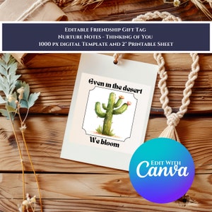 Etiquettes cadeaux Amitié modifiables - Notes pour prendre soin de vous - Etiquettes Cactus en fleurs Saguaro pour envoyer des remerciements ou un soutien émotionnel