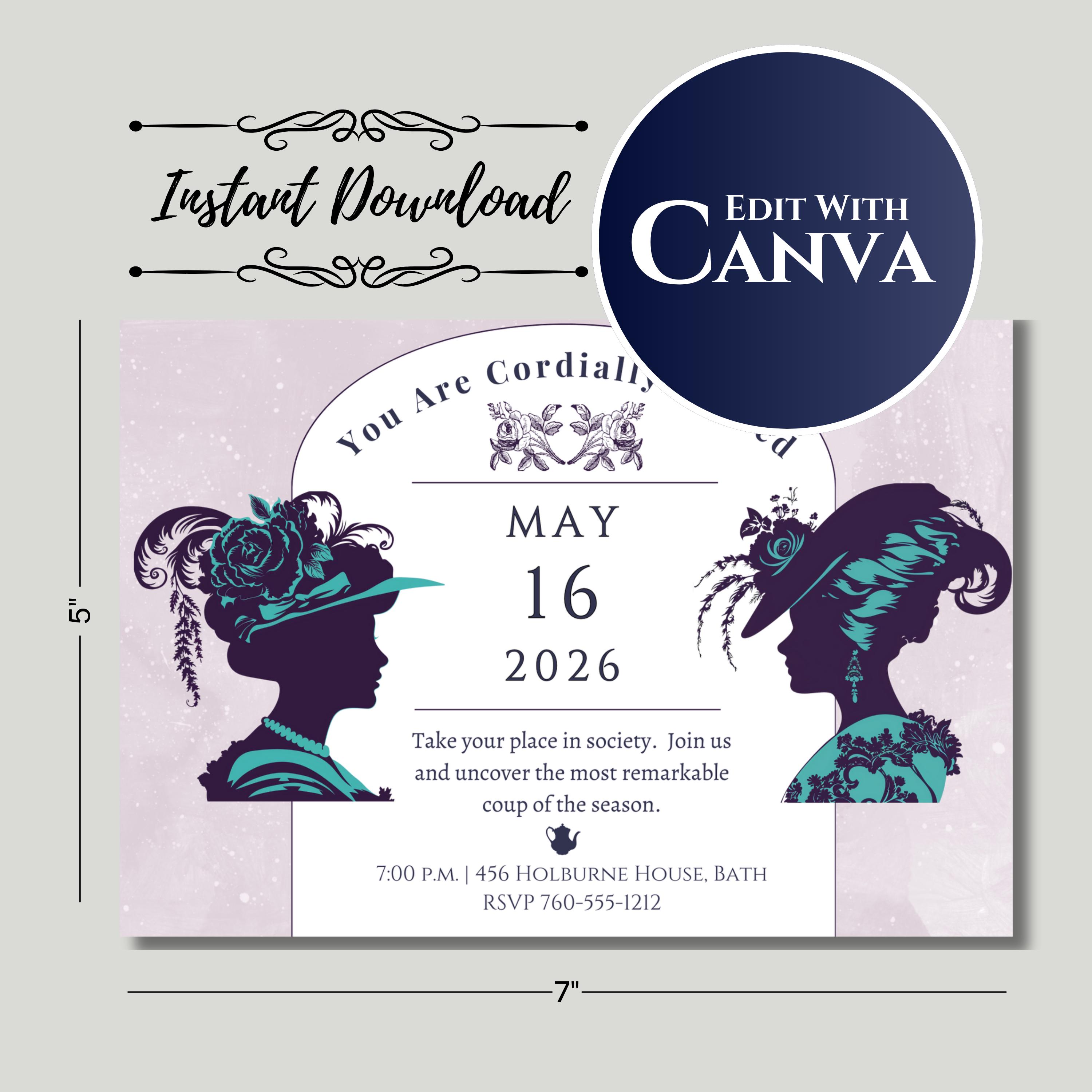 Elegant Regency Party Invite With Fancy Hat Silhouettes in Purple and ...