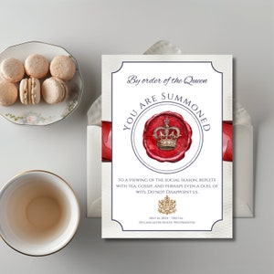 Invitación editable a la noche de chismes de la regencia: por orden de la reina, con sello de cera roja y escudo real dorado, para fanáticos del romance histórico