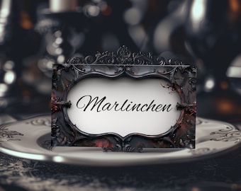 Gothic Place Cards or Food Labels: 3 Tent-Style Backs with Customizable Text - Rococo Frames in Black and Red with Skulls on Reverse