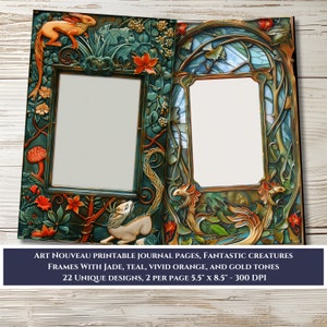 Printable Journal Kit Rahmen - 22 halbe Seiten Bilder für Scrapbooking, Junk Journals und Papierbasteln - Art Nouveau Magische Geschöpfe in 3D