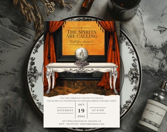 Customizable Halloween Seance Invitation: Victorian Gothic Occult Theme with Snake Embellished Crystal Ball, Great for Costume Parties