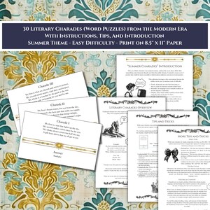 Puede incluir: Un conjunto imprimible de 30 charadas literarias con rompecabezas de palabras para adultos. Las charades tienen el tema del verano y son de dificultad fácil. El conjunto imprimible incluye instrucciones, consejos y trucos, y una introducción. Las charades se imprimen en papel de 8,5 x 11 pulgadas.