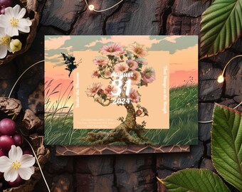 Invitación de fiesta editable - Árbol de hadas con flores de petunia - Ideal para reuniones temáticas, noches de hogueras, cumpleaños, celebración de verano