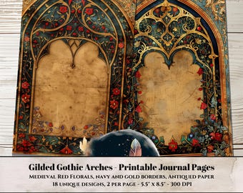 May include: Printable journal pages with 18 unique designs featuring gilded gothic arches, medieval red florals, navy and gold borders, and antiqued paper. Each page is 5.5 inches by 8.5 inches and 300 DPI.
