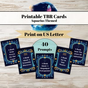 Tarjetas TBR imprimibles: 40 temas temáticos de Acuario para el tarro de lectura o desafíos de lectura: lindo diseño Art Nouveau en azul marino, aguamarina y dorado