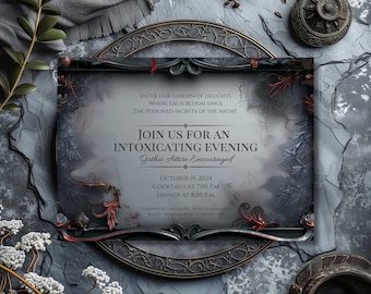 Editable Gothic Dinner Party Invitation - Rococo frame of witches' poison garden - Great for themed gatherings, book clubs, cocktail hour