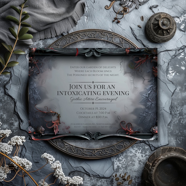 Mock up of an editable gothic dinner party invitation. 

Invitation features a black rococo frame with vivid red poisonous plants growing through it and a background of shadowy leaves.

Displayed on an iron plate with baby's breath and greenery.