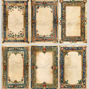 Mock up of printable journal pages, medieval illuminated and art nouveau borders in blue, red, and gold, florals,  vines, greenery.


Six pages from a set of twenty are shown here.

The images in this set are 5.5" x 8.5" half-page size, 300 DPI that are available in JPG or PDF format.