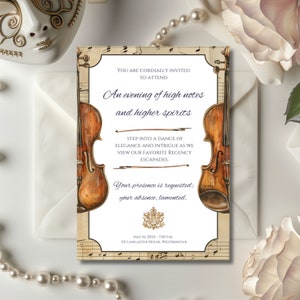 May include: A formal invitation to an evening of high notes and higher spirits. The invitation features a vintage musical score background with two violins and a crest. The event is scheduled for May 16, 2024 at 7:00 PM at III Lancaster House, Westminster.