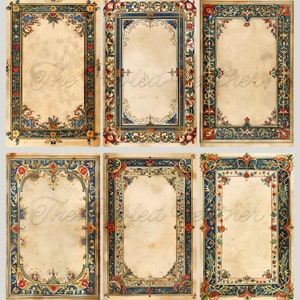 Mock up of printable journal pages, medieval illuminated and art nouveau borders in blue, red, and gold, florals,  vines, greenery.

Six pages from a set of twenty are shown here.

The images in this set are 5.5" x 8.5" half-page size, 300 DPI that are available in JPG or PDF format.