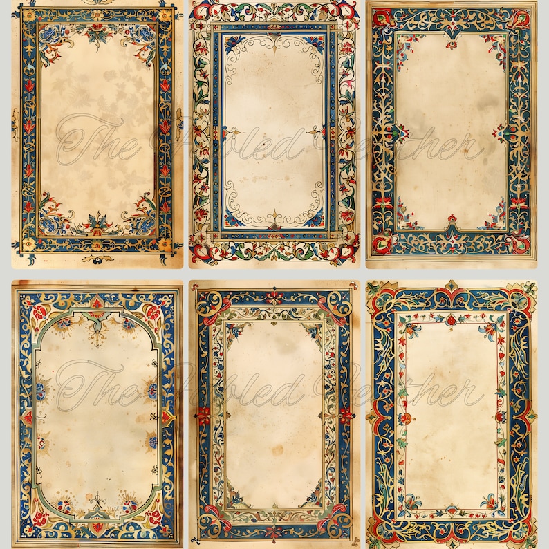 Mock up of printable journal pages, medieval illuminated and art nouveau borders in blue, red, and gold, florals,  vines, greenery.

Six pages from a set of twenty are shown here.

The images in this set are 5.5" x 8.5" half-page size, 300 DPI that are available in JPG or PDF format.