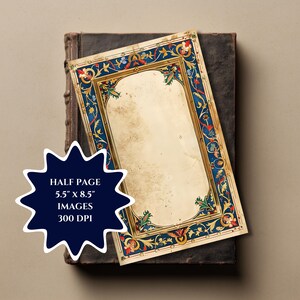 Mock up of printable journal pages, medieval illuminated and art nouveau borders in blue, red, and gold, florals,  vines, greenery.

One page from a set of twenty are shown here.

The images in this set are 5.5" x 8.5" half-page size, 300 DPI that are available in JPG or PDF format.