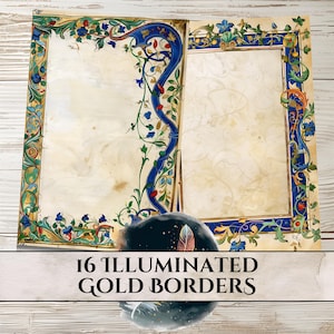 Printable Journal Kit Frames - 16 Half Page Images for Scrapbooking, Junk Journals, and Paper Crafts - Illuminated blue / green floral vines