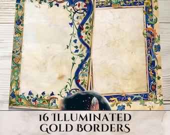 Printable Journal Kit Frames - 16 Half Page Images for Scrapbooking, Junk Journals, and Paper Crafts - Illuminated blue / green floral vines