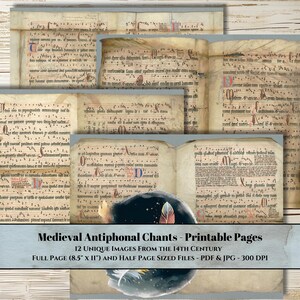 May include: Twelve printable pages featuring medieval antiphonal chants from the 14th century. The pages are in a vintage style with handwritten text and musical notation. The pages are available in full size (8.5 inches by 11 inches) and half size. The files are available in PDF and JPG formats at 300 DPI.