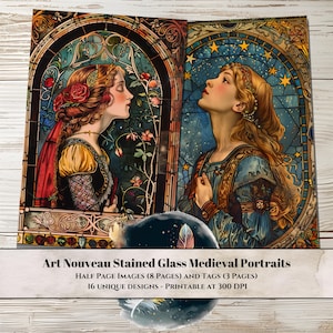 May include: Two stained glass style portraits of women with intricate details. The woman on the left is surrounded by flowers and vines, while the woman on the right is gazing at a starry night sky. Both portraits are framed in a decorative border.