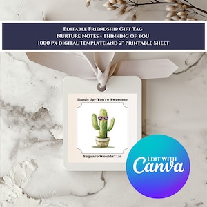 Étiquettes cadeaux modifiables de l'amitié - Notes pour prendre soin de vous - Saguaro avec étiquettes de lunettes de soleil pour envoyer des remerciements ou un soutien émotionnel