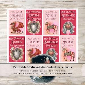 Mini-cartes imprimables de la Saint-Valentin - Style médiéval Castlecore sur le thème du dragon, de la licorne et de l'armure de chevalier - à modifier pour des amis ou des collègues