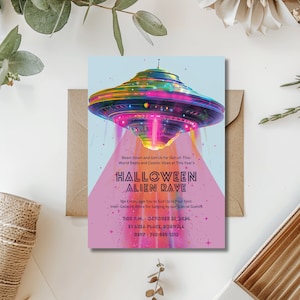 Bearbeitbare Halloween Alien Rave Party Einladung - Retro-Futurismus UFO strahlt eine Neon Glow Cosmic Kostümparty, 80er Jahre inspirierter Disco Dance