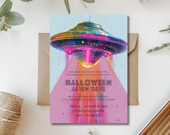 Editable Halloween Alien Rave Party Invitation - Retro-Futurism UFO Beaming Up a Neon Glow Cosmic Costume Party, 80's Inspired Disco Dance