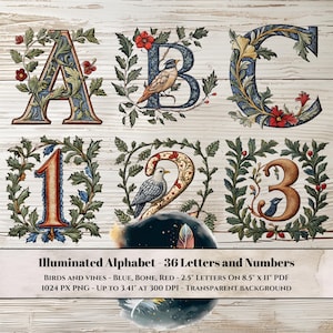 Beleuchtetes Alphabet Clipart - Transparente PNG - 36 Buchstaben und Zahlen - Mittelalterliche Eiche, rote Blumen, Vögel und Beeren für Junk Journals