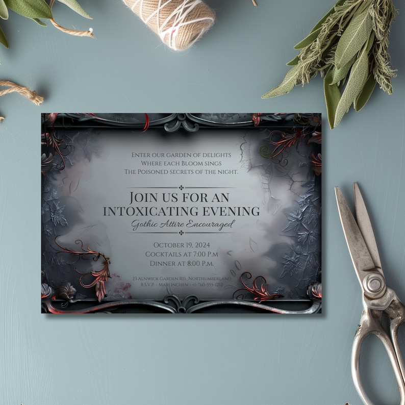 Mock up of an editable gothic dinner party or cocktail party invitation. 

Invitation features a call for the guests to join for an intoxicating evening.

Displayed with sage bundles, twine, and garden shears.