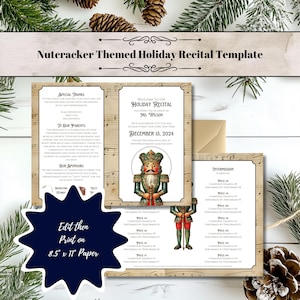 Op de afbeelding: Een sjabloon voor een vakantierecital met een notenkraker-thema met een vintage ontwerp. De sjabloon bevat tekst, een notenkraker-illustratie en muzieknoten. De tekst bevat "Holiday Recital" en "December 15, 2024". De sjabloon is ontworpen om te worden afgedrukt op A4-papier (21 x 29,7 cm).