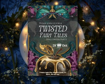Twisted Fairytale Halloween Invite: Editable Template with Luna Moth and Black and Gold Poison Apple - For Dinner or Costume Parties