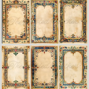 Mock up of printable journal pages, medieval illuminated and art nouveau borders in blue, red, and gold, florals,  vines, greenery.


Six pages from a set of twenty are shown here.

The images in this set are 5.5" x 8.5" half-page size, 300 DPI that are available in JPG or PDF format.